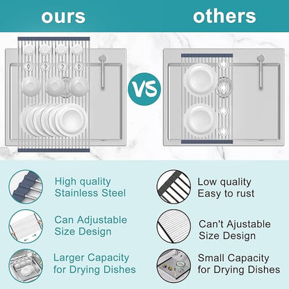 BBXTYLY Extra Large Expandable Roll Up Dish Drying Rack,Over The Sink Drying Rack Sink Cover Kitchen Sink Accessories Kitchen Rolling up Stainless Steel Drainer, Foldable,Rollable（Grey，25.1''-17.3''）