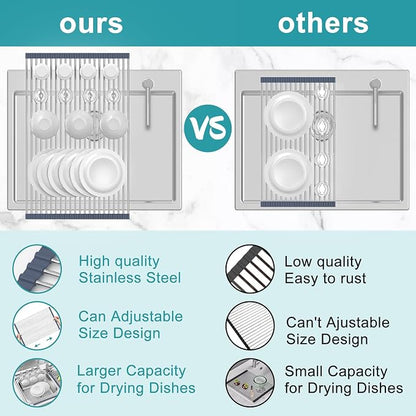 BBXTYLY Extra Large Expandable Roll Up Dish Drying Rack,Over The Sink Drying Rack Sink Cover Kitchen Sink Accessories Kitchen Rolling up Stainless Steel Drainer, Foldable,Rollable（Grey，22.8'-17.3''）