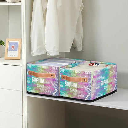 Personalized Narrow Storage Bins, Customized Name Storage Basket Rectangle Organizer for Organizing Kids Pets Toys Towels Socks Shelf Closet, Colorful Light Pink Purple Yellow Blue Glittering