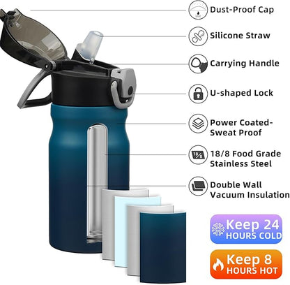 BJPKPK Insulated Water Bottle 14oz Stainless Steel Water Bottles with Straw and Carry Handle Double Wall Metal Thermal Flask,Indigo Black