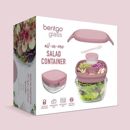Bentgo Glass Salad Container - 7.6-Cup Salad Bowl with Airtight Lid, Leak-Proof Sauce Container, 4-Compartment Bento Tray & Reusable Fork - BPA-Free for Meal Prep, Office & More (Rose)