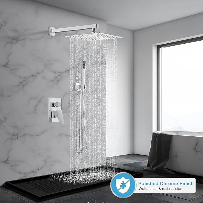 Shower Faucet Set Bathroom Square Rain Shower Head and Handle Set, Wall Mounted Shower Fixtures With Shower Valve and Trim Kit 10 inch Polished Chrom