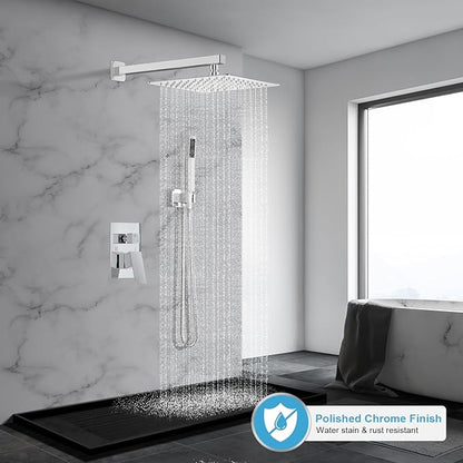 Shower Faucet Set Bathroom Square Rain Shower Head and Handle Set, Wall Mounted Shower Fixtures With Shower Valve and Trim Kit 12 inch Polished Chrom