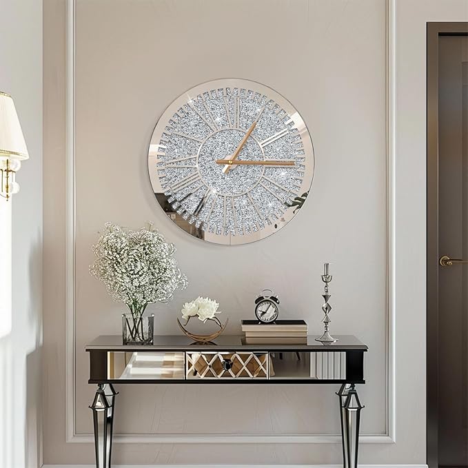 Crystal Crushed Diamond Wall Clock Round Mirrored Clocks Modern Silver Glass Clock for Wall Sparkle Twinkle Hanging Clocks for Living Room Bedroom Dining Room Decorative, AA Battery not Included
