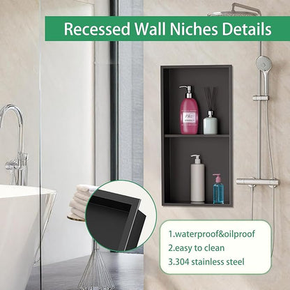 SaniteModar Shower Niche, Stainless Steel Shower Niche 12" X 24" No Tile Needed, Recessed Niche Shower for Bathroom Storage, Matte Black Double (Matte Black, 12x24,Double)