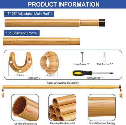 17 to 84 Inch Closet Rods for Hanging Clothes with Screwdriver, Stepless Adjustable Closet Rod Heavy Duty, 1.3 Inch Clothes Hanging Rod Metal Closets Pole Bar for Wardrobes Laundry Bathroom RV Natural