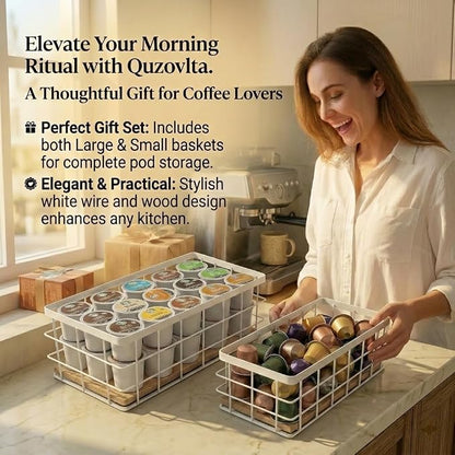 2-Pack White Coffee Pod Holder Basket with Wooden Base - Minimalist Cpffee Pod Organizer for Coffee Station, High-Capacity Wire Capsule Storage for Kitchen Countertop Office