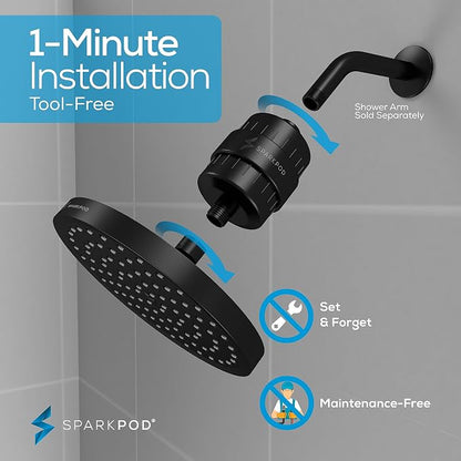 SparkPod 23-Stage Filtered Shower Head, 8" Round, Black Matte | Filtered Shower Head for Hard Water Filter, High Pressure, Reduces Chlorine, Heavy Metals, For Dry Skin & Hair