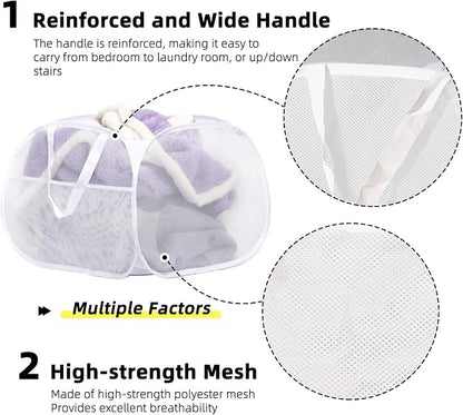 Collapsible Laundry Basket, 90L Foldable Pop-up Laundry Hamper with Handles, Mesh Dirty Clothes Hamper for Laundry, Bathroom, Kids Room, Dorm,Travel or Camping (White, 2PCS)