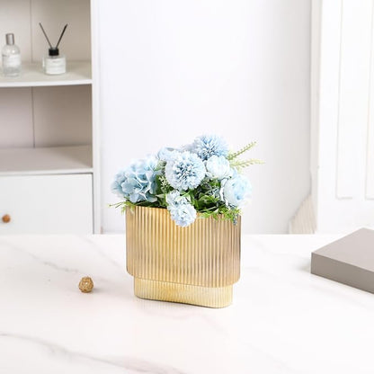 Ribbed Vase, Gold Glass Vase for Flowers, Gold Flower Vases for Tulips, Modern Vases for Living Room, Dining Table, Office, Bedroom, Mantle, Shelf, Wedding, 7 Inch