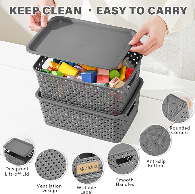 10 Pack Small Plastic Storage Bins with Lids, Stackable Plastic Storage Baskets for Organizing with Handles, Organizer Bins with Labels for Room,Craft,Containers for Pantry Organizers and Storage,Grey