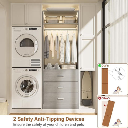 Closet System Set of 2, 4FT Closet Systems with 6 Wood Drawers, 48" Closet Organizer System with 2 Hanging Rods & 2 Shelves, Heavy Duty 48 Inch Walk-in Closet, Grey (48"L x 15" W x 80" H)
