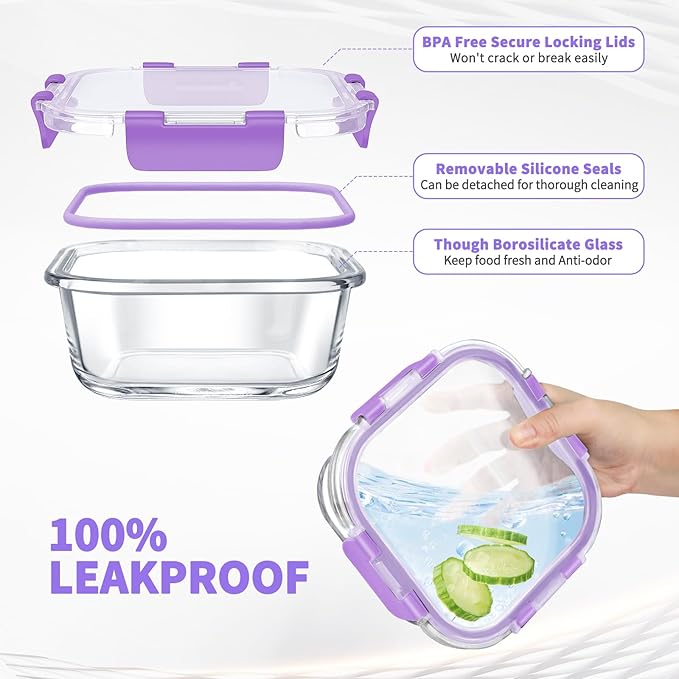 34pcs Glass Food Storage Containers with Lids Set, Airtight Glass Meal Prep Containers (17 Containers & 17 Lids), Leak Proof Lunch Container BPA-Free, Microwave, Oven, Freezer, Dishwasher Safe-Purple