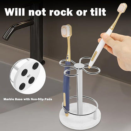 Toothbrush Holder Stand for Bathroom, Metal Toothbrush Organizer with Marble Base, Toothbrush Storage Collection for Family, Suitable for Home Hotel Countertop Vanity (Small, Chrome Finish)