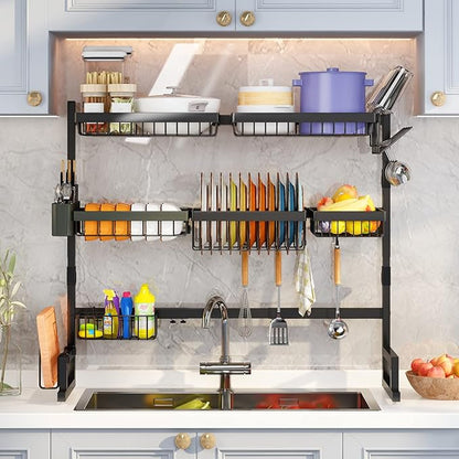 Over Sink Dish Drying Rack (Expandable Height/Length) Snap-On Design Large Dish Drainer Storage Counter Organizer (31-39.5L x 12W x 34-38H inches)