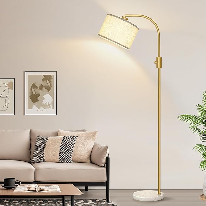 Nintiue Upgraded Modern Arc Dimmable Tall Standing Floor Lamp with Marble Base & Linen Shade, 1200 Lumens LED Bulb Included, for Living & Reading Room, Bedroom, Office & Nursery, Gold
