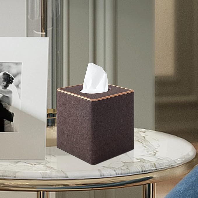 Linen Square Tissue Box Cover,Cube Tissue Box Holder－Excellent Rosegold Leather Decoration,Table Napkin Case Dispenser,Facial Tissues Organizer with Magnetic Bottom for Home Office Car(Coffee)