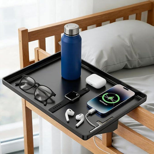 Bedside Shelf, BedShelfie, Bed Shelf with Cable Catch, College Dorm Room Essentials, Clip on Floating Desk Tray, Bed Side Table Storage, Loft Nightstand Decor (Black)