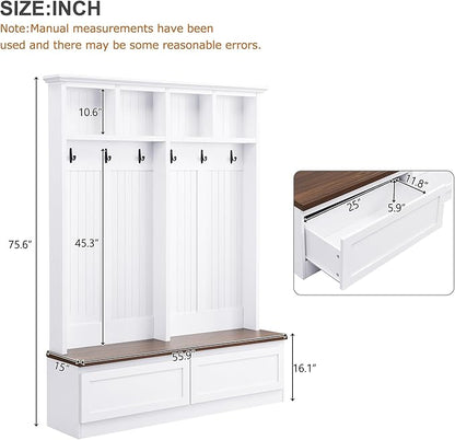 Merax Wood Hall Tree Entryway Bench with 6 Hooks, Farmhouse Mudroom Versatile Coat Racks with 2 Large Drawers Entrance Organizer for Hallway White
