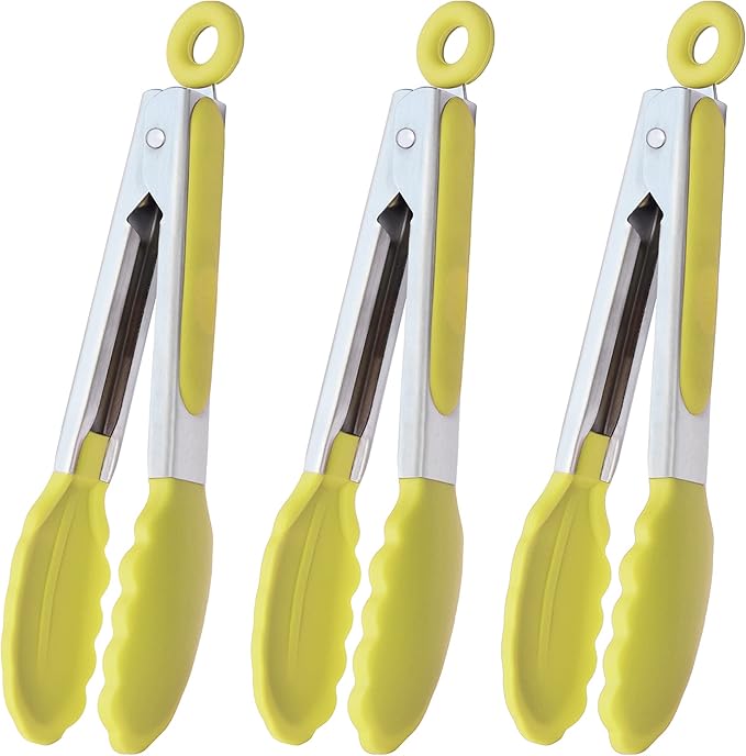 HINMAY Small Appetizer Tongs 7-Inch Silicone Tipped Kitchen Tongs, Set of 3 (Yellow)
