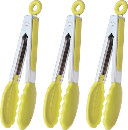 HINMAY Small Appetizer Tongs 7-Inch Silicone Tipped Kitchen Tongs, Set of 3 (Yellow)