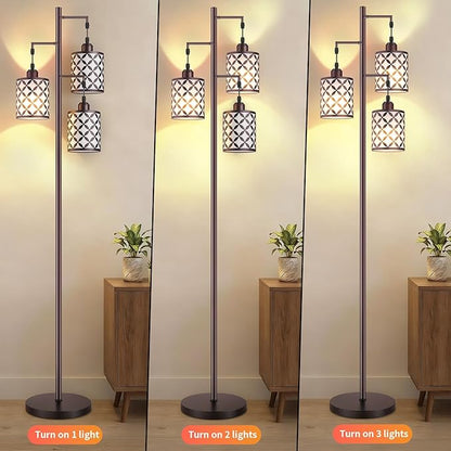 New Upgraded 72" Tall Dimmable Floor Lamp with 3 x 1100LM 12W Bright LED Bulbs, Farmhouse Standing Lamp with Remote Control, Industrial Tree Pole Floor Lamps for Living Room, Bedroom, Office - Brown