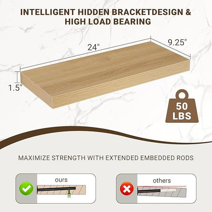 Acovy 24 Inch Floating Shelves, 3D Textured Wood Grain, 24"x9.25"x1.5" Inch Deep Floating Shelves for Wall, Wooden Shelves for Bathroom, Bedroom, Living Room, Natural, 2 Pieces