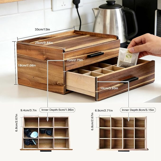 Double Drawer Acacia Wood Tea Bag Organizer, 21-Slot Tea Organizers and Storage, Tea Box Organizer Storage Box for Countertop Office Coffee Corner – Bring Warmth and Order to Your Tea Corner