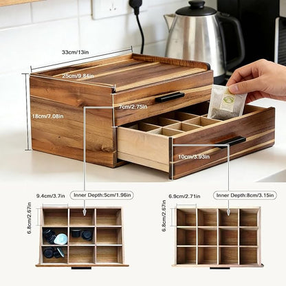 Double Drawer Acacia Wood Tea Bag Organizer, 21-Slot Tea Organizers and Storage, Tea Box Organizer Storage Box for Countertop Office Coffee Corner – Bring Warmth and Order to Your Tea Corner