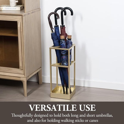 Umbrella Stand,Umbrella Holder for Entryway,20 Inch Tall Modern Brass Tone Metal Geometric Freestanding Entryway Umbrella Rack or Cane Holder with Shelf for Small Umbrellas and Bottom Drip Tray