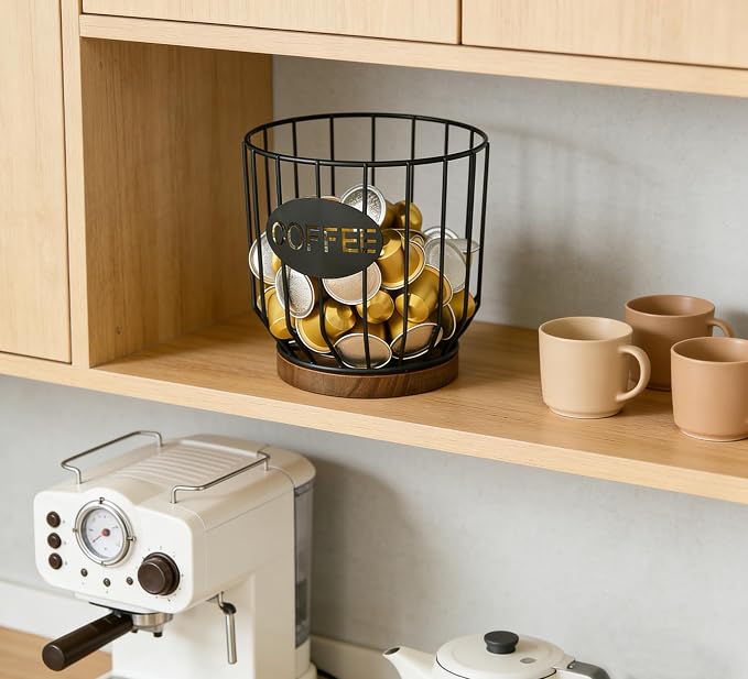 Coffee Pod Holders for Counter, Nespresso Pods Holder, K-Cup Holder, Coffee Pod Basket, Countertop Organizer for Keurig Kcups & Espresso Capsules, Coffee Station Accessories(Black Plating)