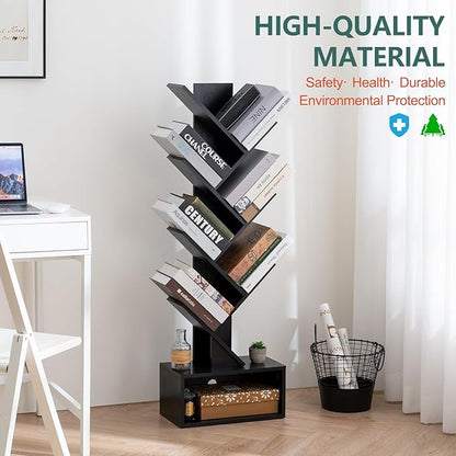 Yoobure Tree Bookshelf, 6 Tier Small Book Shelf Retro Floor Standing Bookcase, Wood Book Storage Organizer Rack, Tall Narrow Bookshelves for Corner/Bedroom/Living Room/Home Office, Black