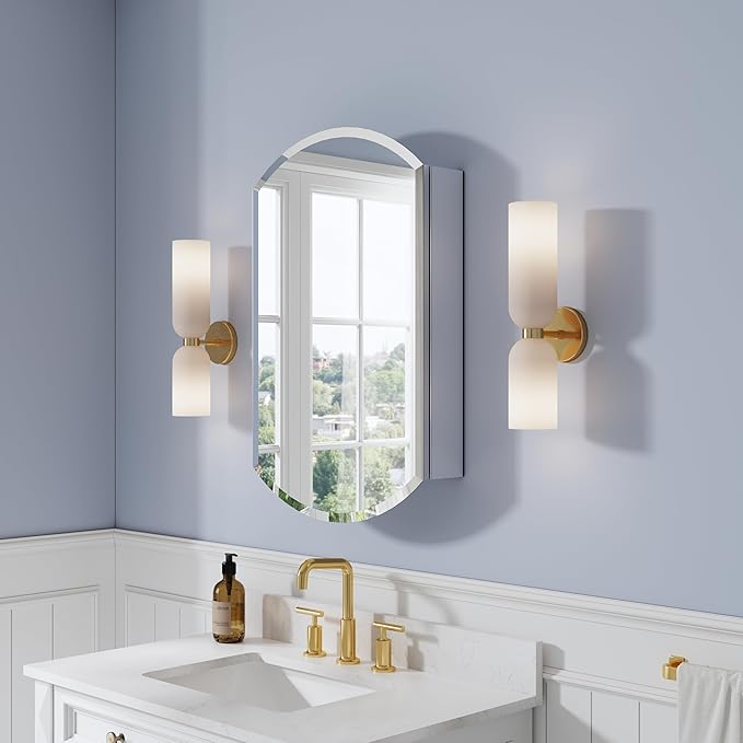 WELLFOR 20" x 32" Bathroom Oval Medicine Cabinet, Beveled Edge Mirror Cabinet, Medicine Cabinet with Adjustable Shelves, Bathroom Cabinet with Reverse Door Installation, Surface or Recessed Mount