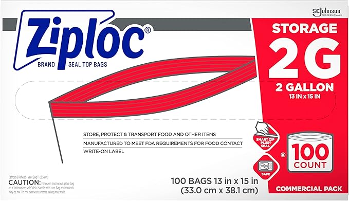 SC Johnson Professional Ziploc Brand Food Storage 2 Gallon Bags, Food Storage Ziploc Brand Bags, Commercial Pack, 100 Count Box, for Professional Use Only
