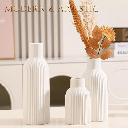 Ceramic Vase Set of 3 - Handcrafted Ceramic Vases for Home Decor & Shelf - Modern Farmhouse Decor for Kitchen, Office, Bedroom & Living Room Decorative Objects for Mantel, Table Centerpieces