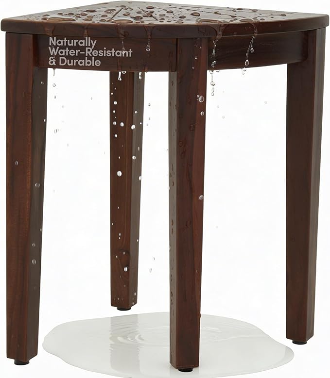 AquaTeak 15.5" Kai Mocha-Shield Corner Teak Shower Bench - Shower Stool for Bathroom with Elevated Height - Durable Water Resistant Shower Chair - Shaving Foot Rest - Indoor & Outdoor Use