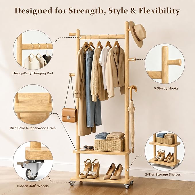 Taitiy Coat Rack Freestanding Clothing Rack with Wheels & 2 Shelves Storage & 5 Hooks Heavy Duty Clothes Rack Wood Coat Tree Stand Hat Hanger Rack for Corner Bedroom Entryway Living Room Hotel Size L