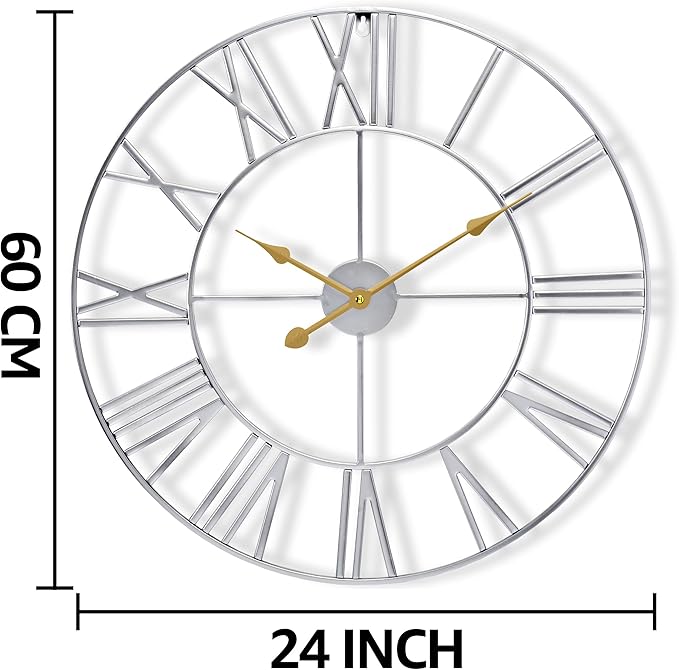 Sorbus Large Wall Clock for Living Room Decor - 24 inch Big Wall Clock Decorative - Battery Operated - Roman Numeral Analog Large Clock for Bedroom, Room, Home, Kitchen, Office, Wall Decor (Silver)