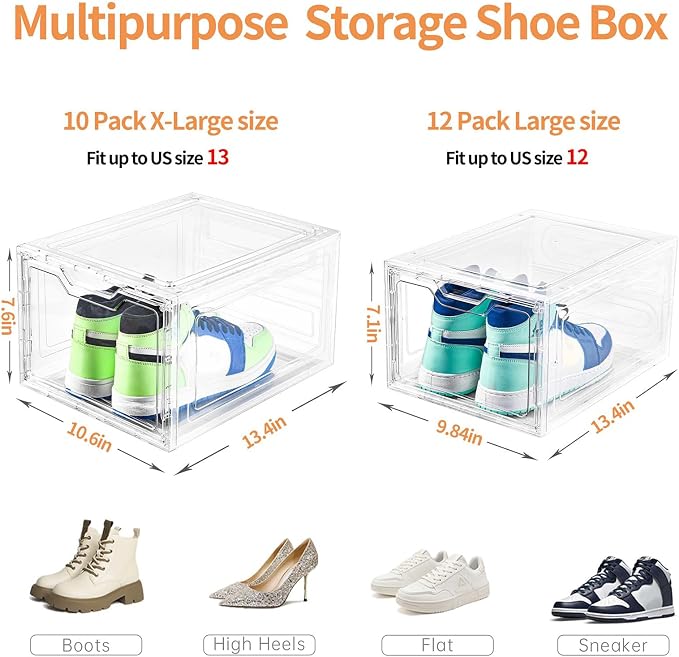 10 Pack Large Shoe Boxes Clear Plastic Stackable,Shoe Storage Organizer with Lids,Shoe Rack for Closet,Shoe Organizer and Shoe Containers for Sneaker Storage, Shoe Display Case Fit up to US Size 13