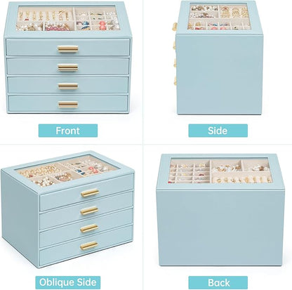 AKOZLIN Jewelry Box with Clear Lid Functional Leather Jewelry Storage Organizer Case 4 Drawers for Women Girls Necklace Ring Bracelet Earring BlueGrey