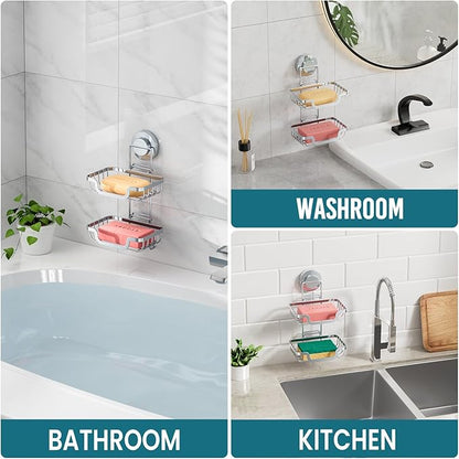 TAILI Double Layer Soap Holder, Drill-Free Bar Soap Dish Tray Suction Cup, Draining for Shower Wall, Bath Storage, Rustproof Stainless Steel Sponge Holder for Tub, Kitchen, Silver