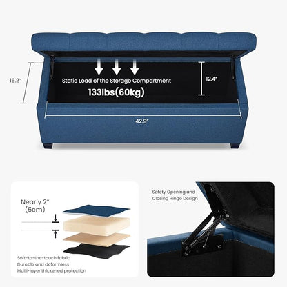 47.2" Ottoman with Storage, Storage Ottoman Bench with Safety Hinge,Tufted End of Bed Bench, Upholstered Entryway Bench for Bedroom, Living Room & Window (Blue-Upgraded Version)