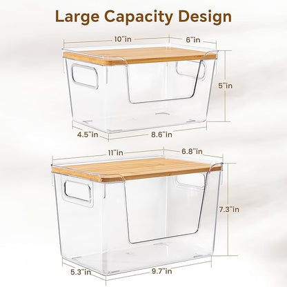 Criusia 2 Large and 2 Small Pantry Organizers and Storage with Bamboo Lids, Stackable Clear Bins for Onion, Potato, Fruit, Vegetables, Trash Bag Dispenser, Kitchen and Under Sink Organizer