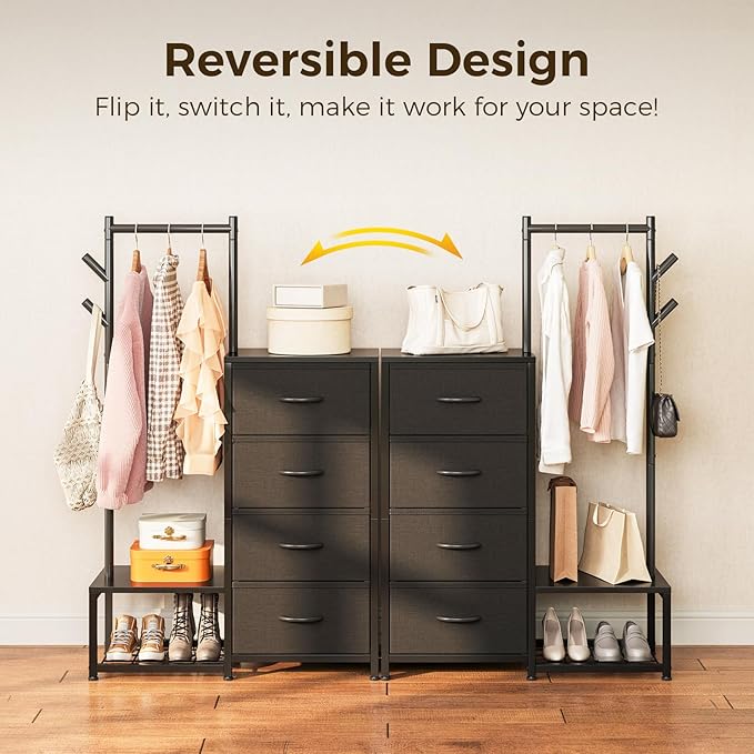 KKL Small Dresser for Bedroom with Clothes Hanging Rack, Reversible Bedroom Dresser with Shoe Rack & 4 Fabric Drawers, 3-in-1 Storage Chest of Drawers with Storage Shelves & Tree Hooks, Black