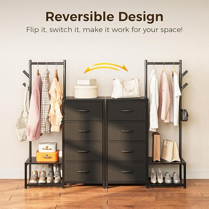 KKL Small Dresser for Bedroom with Clothes Hanging Rack, Reversible Bedroom Dresser with Shoe Rack & 4 Fabric Drawers, 3-in-1 Storage Chest of Drawers with Storage Shelves & Tree Hooks, Black