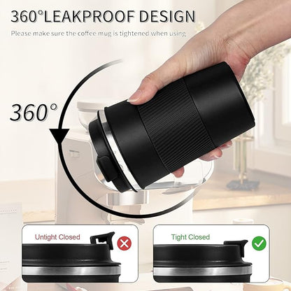 YINBAOGE Insulated Travel Coffee Mug, Spill & Leak Proof, Portable To Go Camping Stainless Steel Coffee Tumbler, Reusable Thermal Coffee Cup with Lid for Hot & Cold Drinks (Black, 12 OZ)