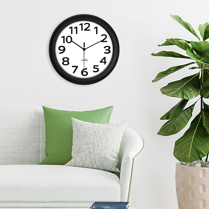 HIPPIH 2 Pack Silent Wall Clock, 10 Inch Non Ticking Quiet Digital Sweep Decorative Battery Operated Wall Clocks for Living Room Bedroom Kitchen School Office Decor, Black