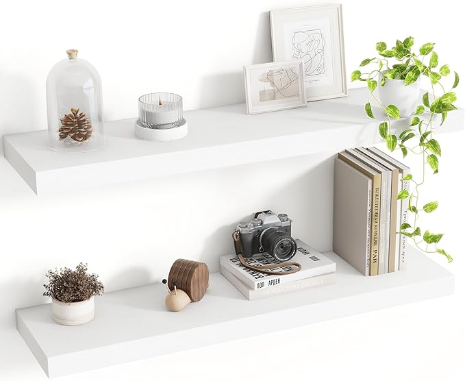 Acovy 30 Inch Floating Shelves, 8 Inch Deep Floating Shelves for Wall, Hanging Shelf with Invisible Brackets, Deep Shelves for Bathroom, Bedroom, Living Room, White, Set of 2