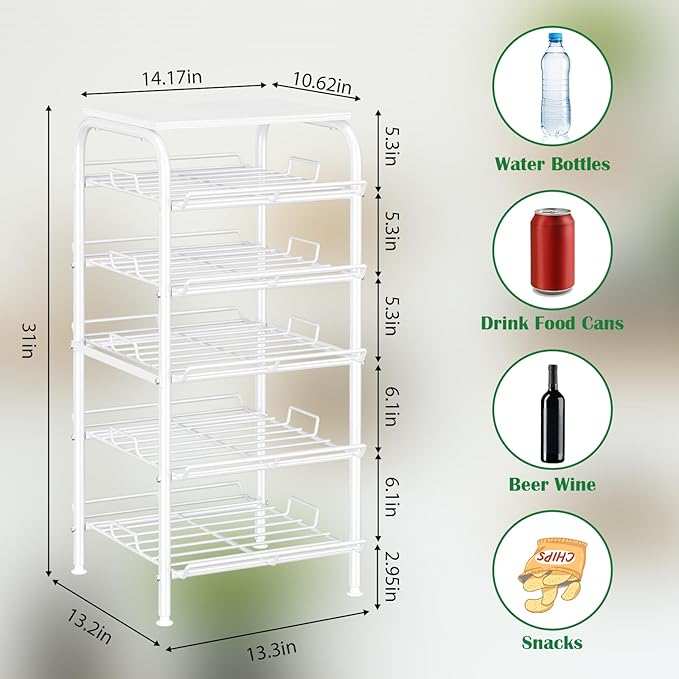 Water Bottle Organizer 5 Tier Free Standing Water Bottle Storage Rack Metal Water Bottle Rack Shelf Large Capacity Bottled Water Holder Beverage Soda Drink Stand for Kitchen Pantry Office,White
