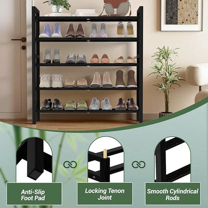 Haddockway Bamboo Shoe Rack for Closet, Free Standing Shoe Organizer with Smooth Round Rods & Convenient Handles, Stackable Shoe Storage Shelf for Entryway, Hallway(Black, 5-Tier)